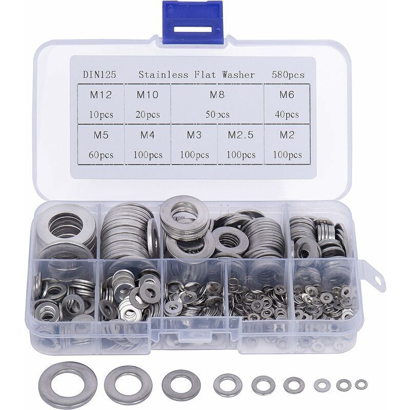 580 Stück Metallscheiben mit Kunststoffbox – 9 verschiedene Größen Edelstahlscheiben M2, M2,5, M3, M4, M5, M6, M8, M10 und M12