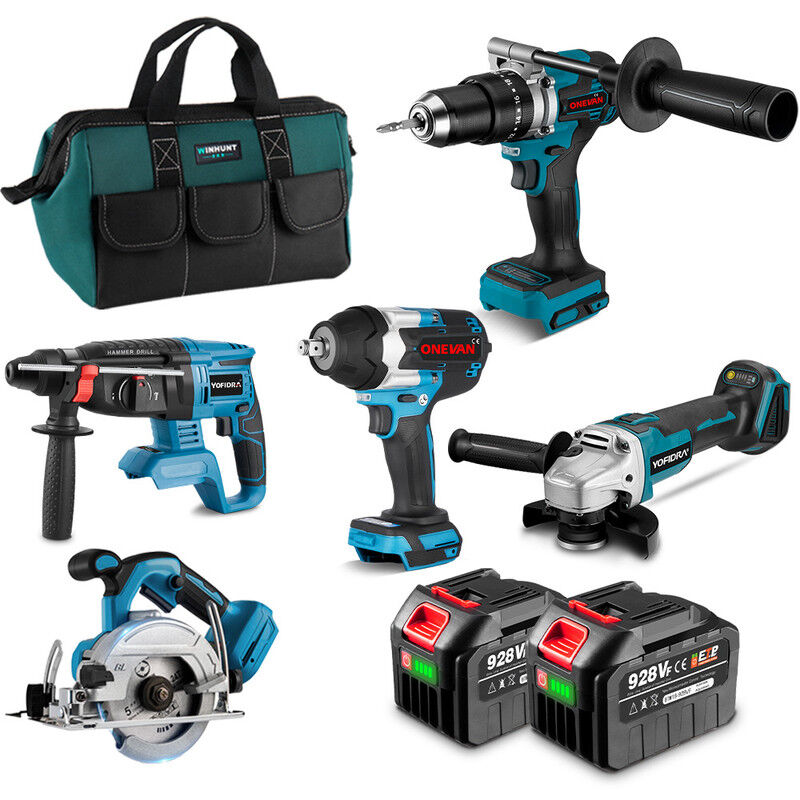 Onevan - 5er-26mm Akku bohrhammer + 13mm Bohrschrauber +125mm Winkelschleifer+ 1800nm Elektroschrauber+ 125mm Kreissäge Elektrowerkzeuge im Set mit 2