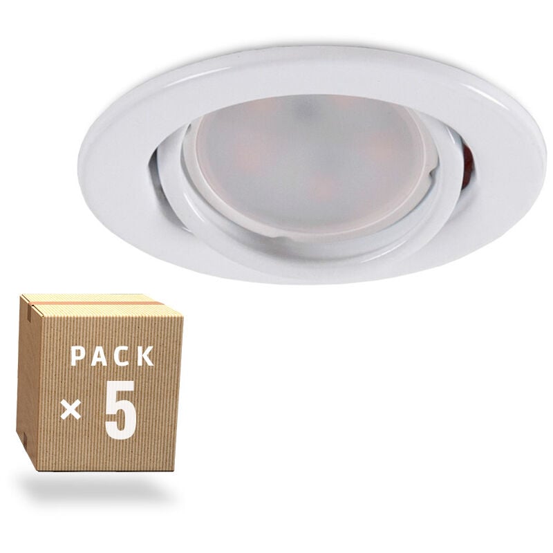 Greenice - Packung mit 5 LED-Lampen GU10 6W 500Lm 6000ºK 40.000H - Neigbarer runder Downlight-Ring 'Vepa' Stahl 90mm - Weiß