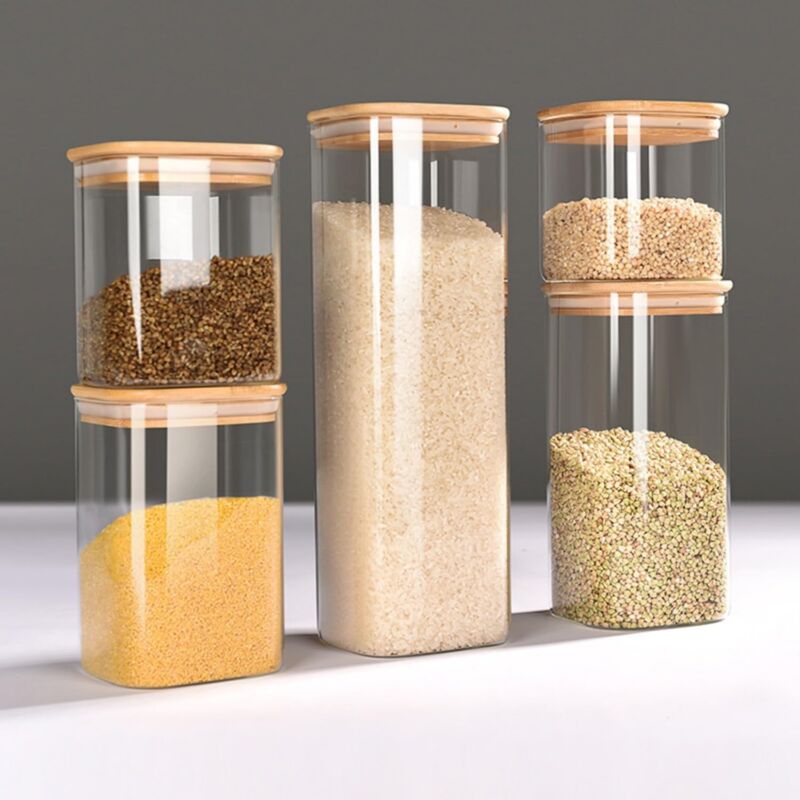 5er-Set Vorratsdosen Glas, Aufbewahrung Luftdicht Vorratsgläser mit Deckl Eckig, Grosse zur Küche Glasbehälter Gewürzgläser für Küche