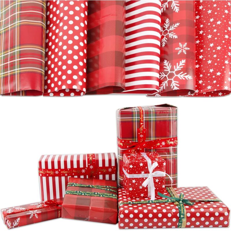 6 Blatt Weihnachtsgeschenkpapier, rotes Papier mit weißem Band und doppelseitigem Klebeband für Weihnachtsgeschenk, Geburtstag, 50 x 70 cm