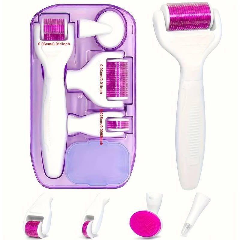 6-in-1 Microneedling Roller Kit für Gesicht und Körper – 0,25 mm und 0,3 mm Microneedling Roller mit 5 austauschbaren Rollenköpfen.
