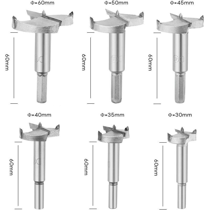 6 Pièces Mèches Holz Forstner, Fraise Holz Carbure Diametre 30 / 35 / 40 / 45 / 50 / 60mm, für Faconner Loch Travail des Holz, l ' Installation von