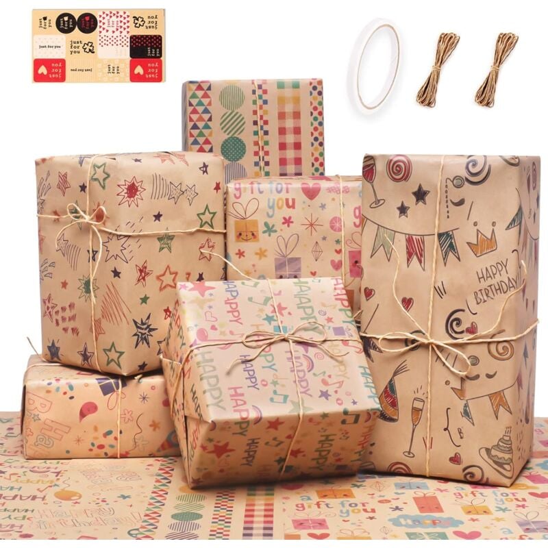 6 Rollen recycelbares Geburtstags-Geschenkpapier mit doppelseitigem Klebeband und 10 m Strohseil, braunes Geschenkpapier für Männer, Mädchen, Kinder,