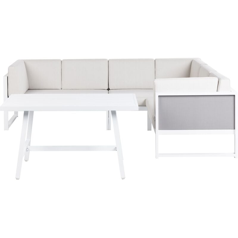 6-Sitzer Lounge Set Weiß Aluminium 4-Teilig mit Cremeweißen Auflagen Modern Skandi Terrasse Outdoor Gartenset Loungemöbel