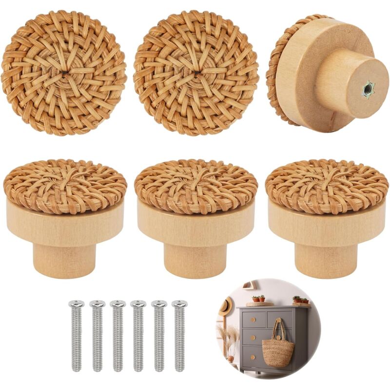 6 Stück Holz Rattan Möbelknöpfe, Holz Möbelgriff, Schubladenknopf, Türknöpfe für Schränke, Runde Holz Möbelknöpfe, Holz Möbelknopf für Schlafzimmer