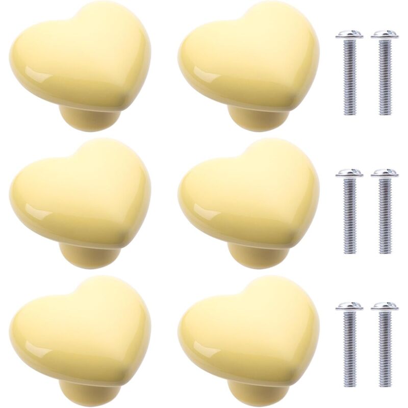 Linghhang - 6 Stück Keramik-Schrankknöpfe in Herzform, Keramik-Schrankschubladenknöpfe, Griffe für Bücherregale, Küchenschränke (hellgelb)