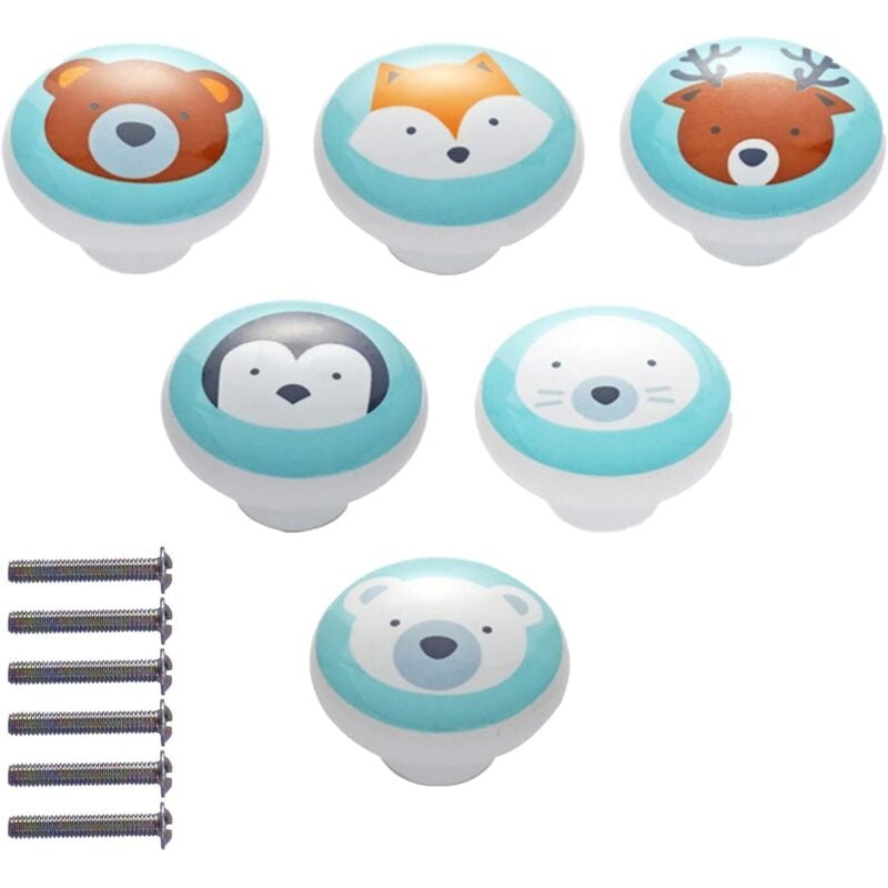 6 Stück Keramik-Schrankknöpfe, Keramik-Schrankknöpfe mit Schrauben, Möbelgriffe mit Cartoon-Tiermuster, für Türgriffe, Schränke, Schubladen