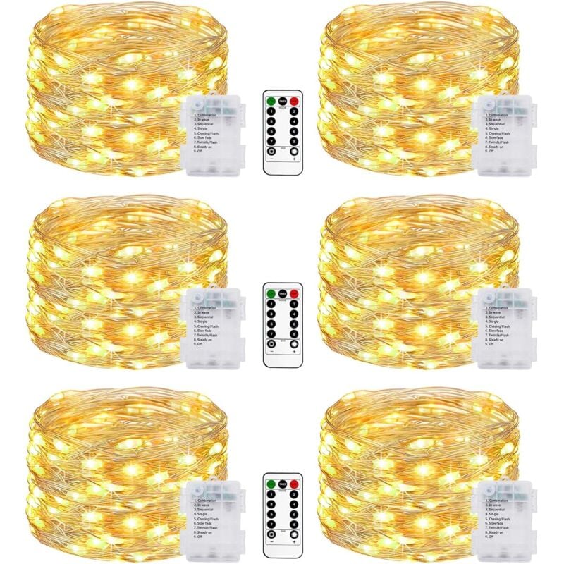 6 Stück Lichterkette Batterie, 5M 50 LED Lichterkette Batterie mit Fernbedienung 8 Modi Wasserdicht Warmweiß Lichterkette Draht für Innen/Außen