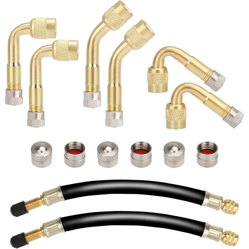 Keyoung - 6 Stück Reifen Ventil Verlängerung Set, Autoventil Kupfer Ventiladapter 45 90 135 Grad Winkelventil mit 2 Stück 180mm Flexible Gummi Reifen