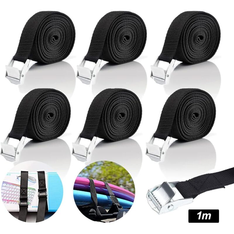 6 Stück Spanngurt mit Ratsche, verstellbarer Spanngurt, kurze Spanngurte für Motorrad, Fahrradträger, Kajak, Gepäck, 1 m x 25 mm (schwarz)