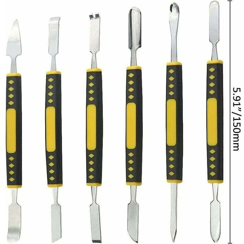 Set mit 6 doppelseitigen Mini-Demontagewerkzeugen aus Metall für Mobiltelefone und Tablets.