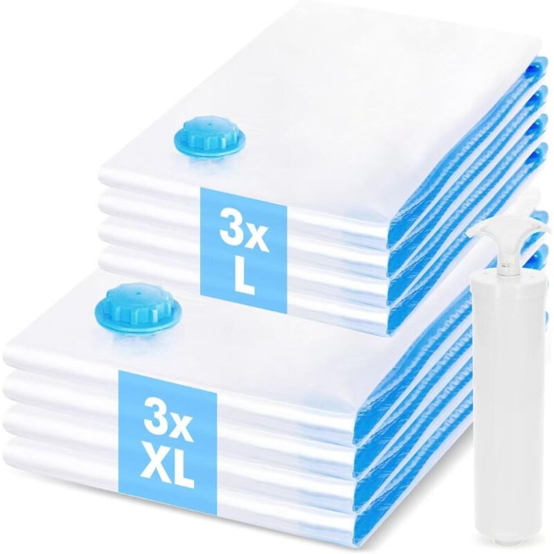 6-teiliges Set Vakuumierbeutel für Kleidung, 3 XL + 3 L Vakuumbeutel, Vakuumbeutel für Kleidung, Bettdecken, Bettwäsche, Kissen, inklusive Handpumpe
