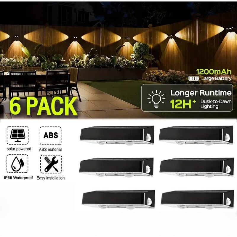 6-teiliges solarbetriebenes Terrassenleuchten-Set, 9 feste Farben und farbwechselnde Solar-Zaunleuchten, 3 Solar-LED-Linsen mit 10 Beleuchtungsmodi,