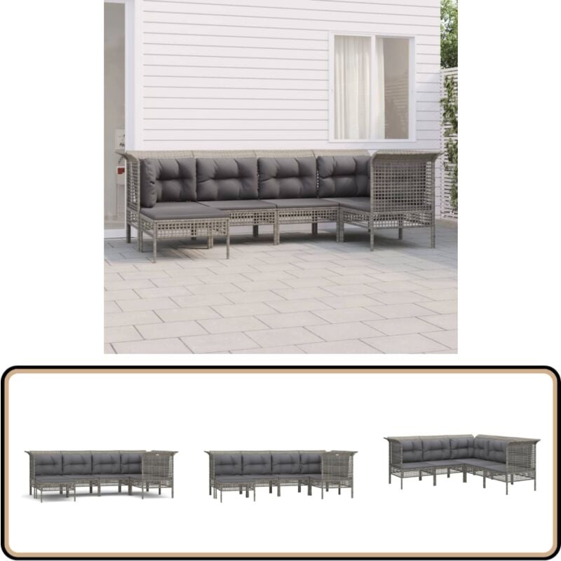 6-tlg. Garten-Lounge-Set mit Kissen Grau Poly Rattan - Gartenloungeset - Loungemöbel - Outdoor Möbel - Rattan Gartenmöbel - Polyrattan