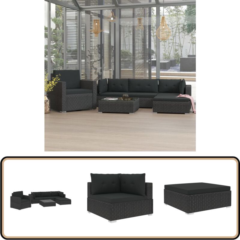 6-tlg. Garten-Lounge-Set mit Kissen Poly Rattan Schwarz - Outdoor Möbel - Gartenmöbel - Loungemöbel - Rattan Möbel - Sitzgarnituren