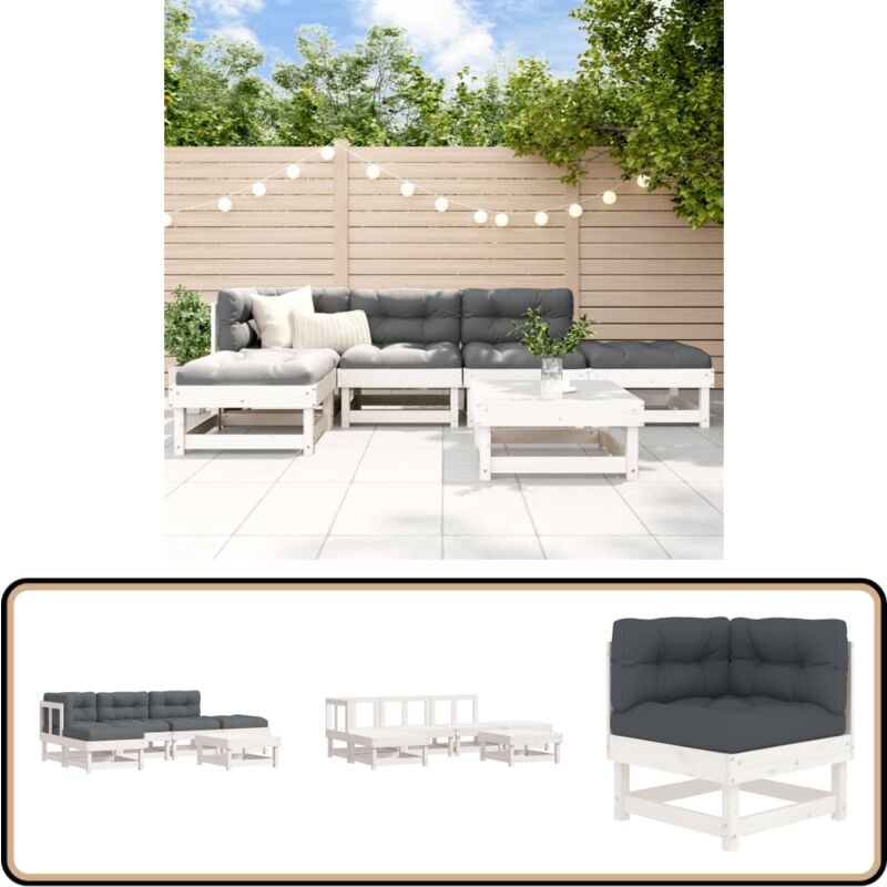 6-tlg. Garten-Lounge-Set mit Kissen Weiß Massivholz - Gartenmöbel - Loungemöbel - Rattan Möbel - Holz Gartenmöbel - Esszimmergarnituren