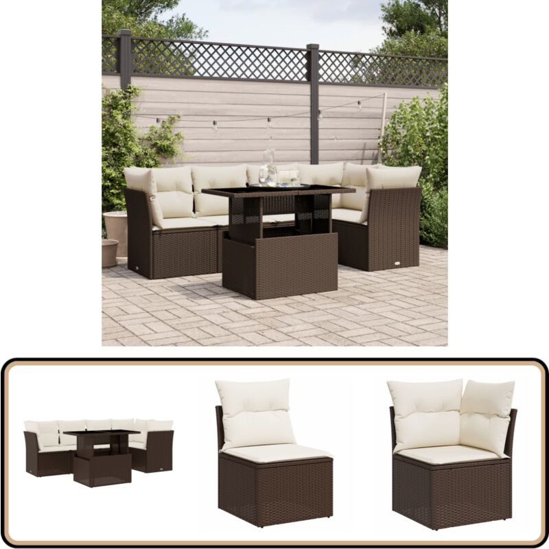 6-tlg. Garten-Sofagarnitur mit Kissen Braun Poly Rattan - Gartensorte - Gartenmöbelset - PE-Rattan Möbel - Outdoor Sofa - Lounge Set
