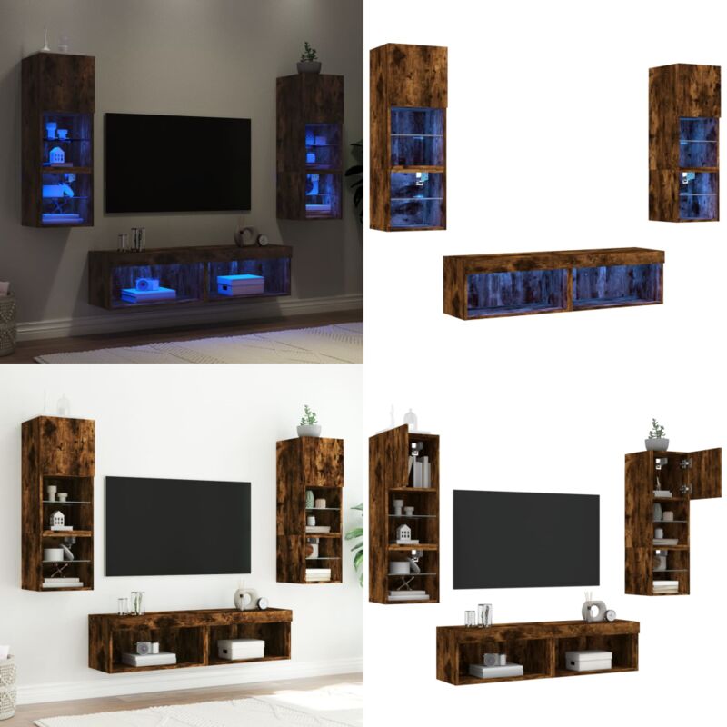 6-tlg. Wohnwand mit LED-Beleuchtung Räuchereiche Holzwerkstoff - LED-Beleuchtung - TV-Schrank