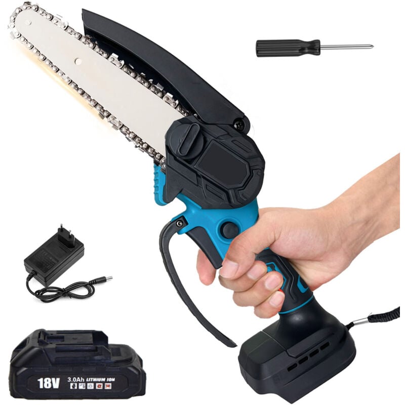 Mawiron - 6 Zoll Mini Akku-Kettensäge, Akku-Elektrokettensäge, 1x 3,0A Akku + Ladegerät, kompatibel mit Makita-Ladegerät, Kettensäge zum