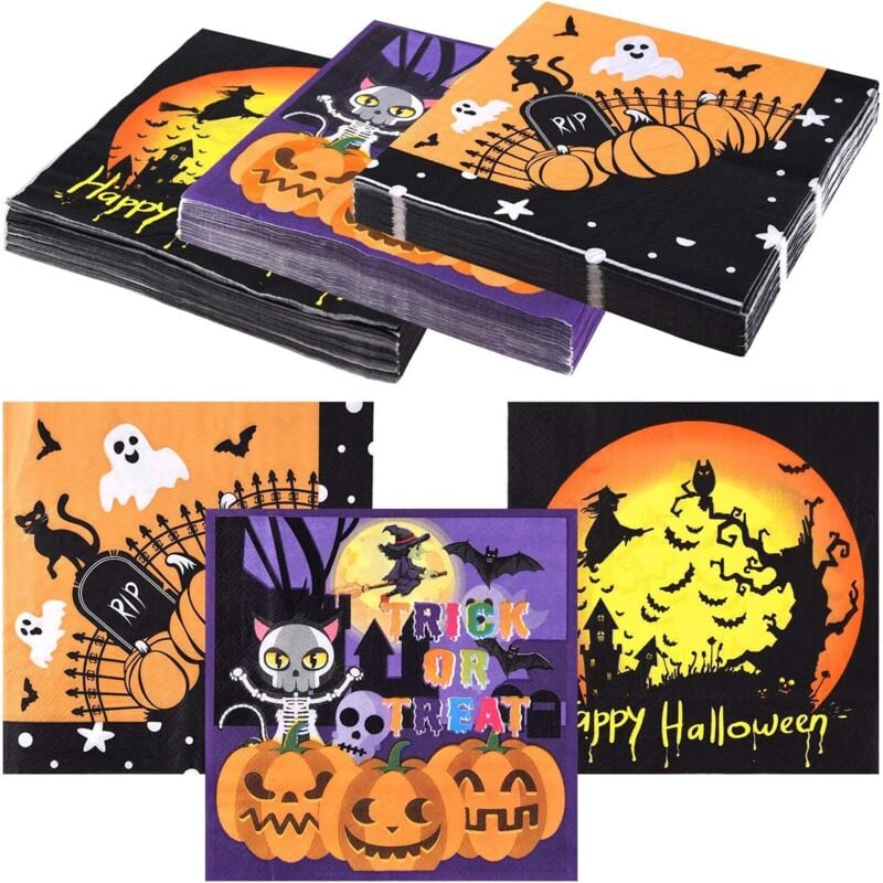 Bluedeer - 60 Stück Halloween Servietten 13 '× 13', Einwegpapier Cocktail Servietten für Halloween Party Supplies, 3 Designs Halloween Themed