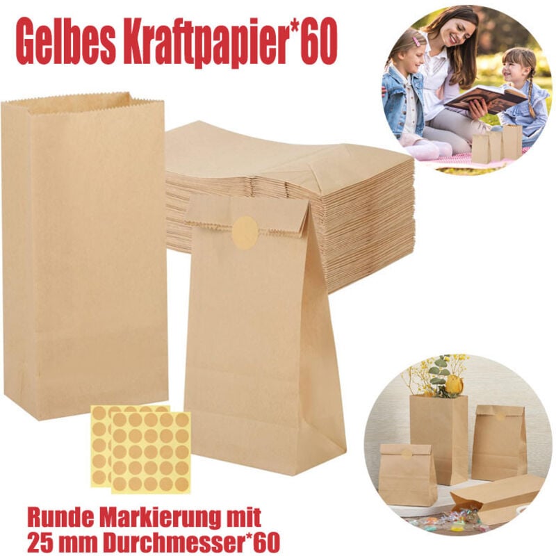 60 Stück kleine Papiertüten mit Aufklebern, Kleine Papiertüte Geschenktüten, Der Beutel Sollte Gefüllt Sein Braune Kraftpapiertüten, Brot- und