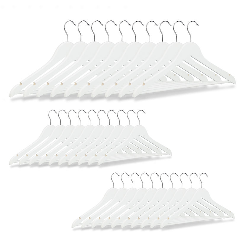 Kleiderbügel Holz 30er Set, Hosenstange, Röcke, Kleider, Jacken, Hemdenbügel, Haken 360° drehbar, weiß - Relaxdays