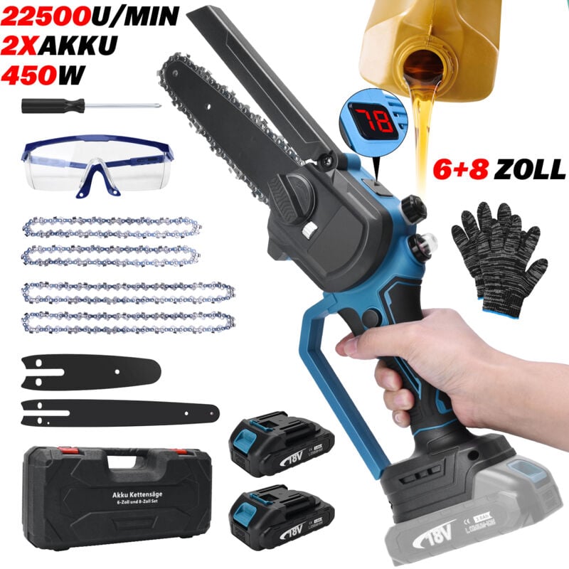 6+8 Zoll Kleine Akku-Elektrokettensäge Elektrische Mini Motorsäge Tragbare Einhandsäge Astsäge, inkl. Mit 2X Akku, 21V, 22500 rpm, 450W,