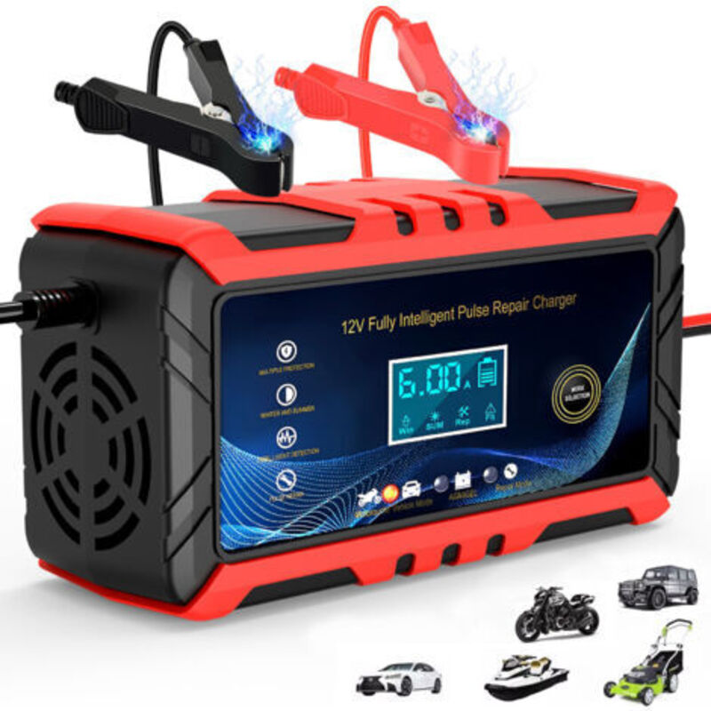 Gabrielle - 6A 12V Autobatterieladegerät, LCD-Motorradbatterieladegerät mit LCD-Touchscreen für LKW/AGM/Gel/WET/SLA, mehrfacher Reparaturschutz