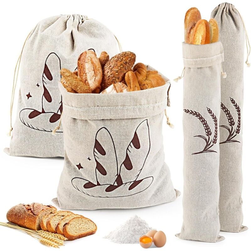 Set mit 4 Leinen-Brotbeuteln mit Kordelzug – Leinen-Brotbeutel für selbstgebackenes Brot – Wiederverwendbar – Stoff-Brotbeutel für Brot, Baguette,