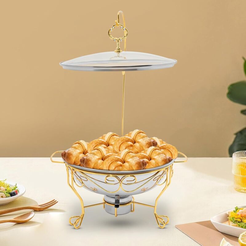 6L Runder Chafing Dish Standfuß Edelstahl Speisenwärmer Warmhaltebehälter Chafing Dish Set mit Deckel und Anti-Griff, Heizung der Alkohollampe, für