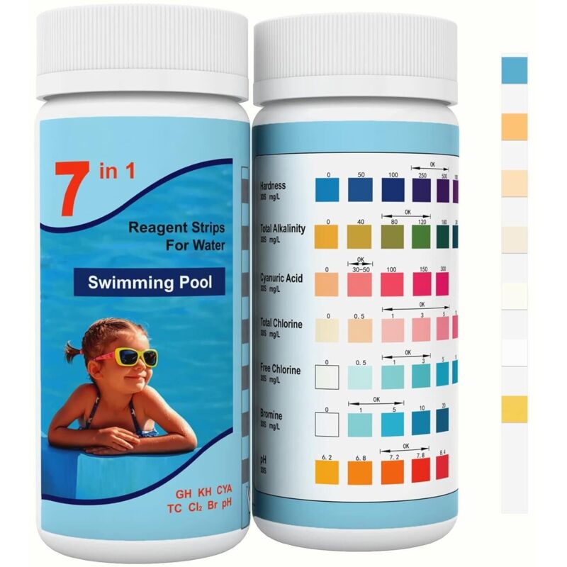 7-in-1-Pool-Teststreifen, 100 Pool-Teststreifen, Pool- und Spa-Tester, Pool-Teststreifen, Poolwassertest, pH-Wert, Chlor, Brom, Gesamthärte,