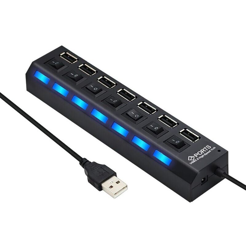 7-Port-USB-Hub, Multiport-USB-Splitter, mehrere USB-Anschlüsse für PC mit individuellen Ein-/Ausschaltern und LED-Anzeigen, für PS4/PS5, Gaming-PC,
