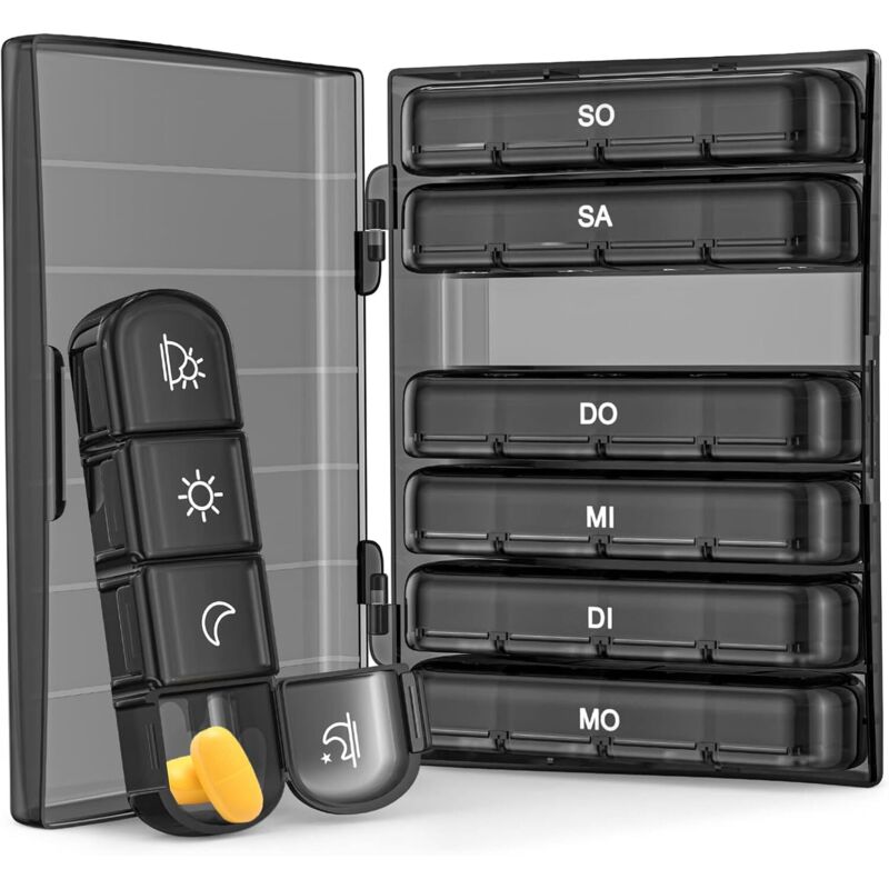 7 Tage Morgens Mittags Abends, Pillendose 7 Tage 4 Fächer, Medikamentenbox BPA-frei, Große Fächer für Vitamine, Fischöl, Medikamente, Praktische