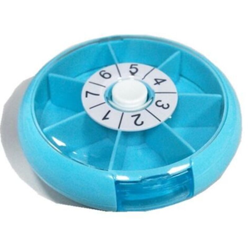 7-Tage-Pillenbox, kleine runde Pillendose, Medikamentenbehälter, Vitaminbehälter, Pillenorganizer, Pillenspender, Reiseapotheke, blau