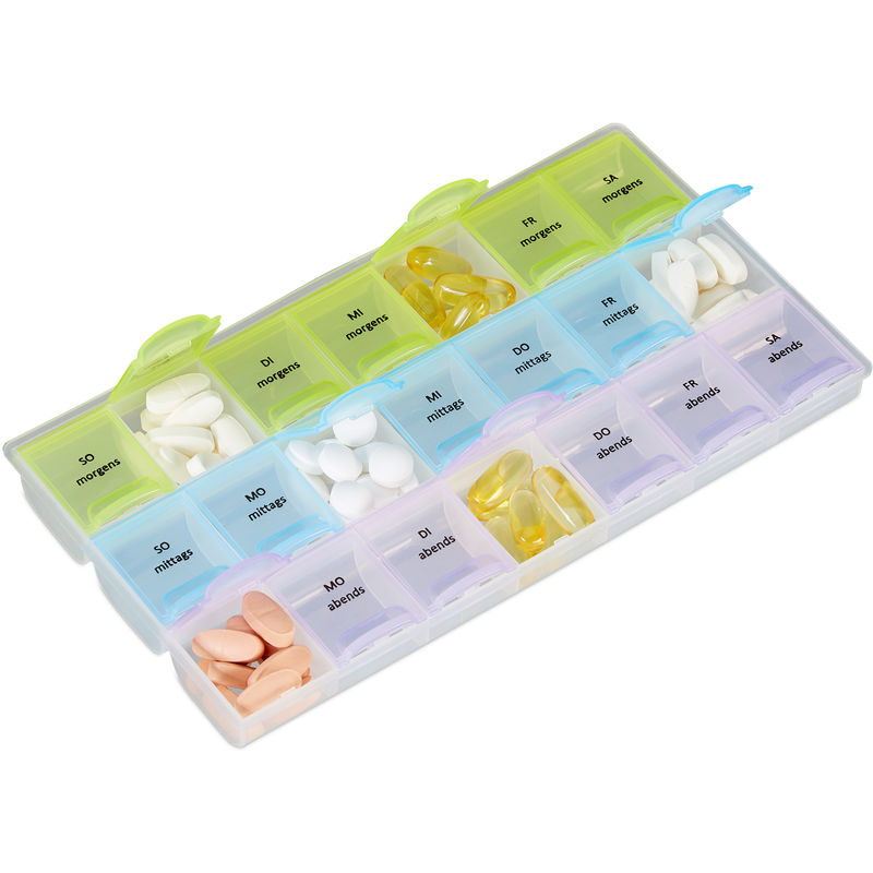 7 Tage Tablettenbox, 3 Fächer, morgens, mittags, abends, Wochen Medikamentendosierer mit Deckel, transparent - Relaxdays
