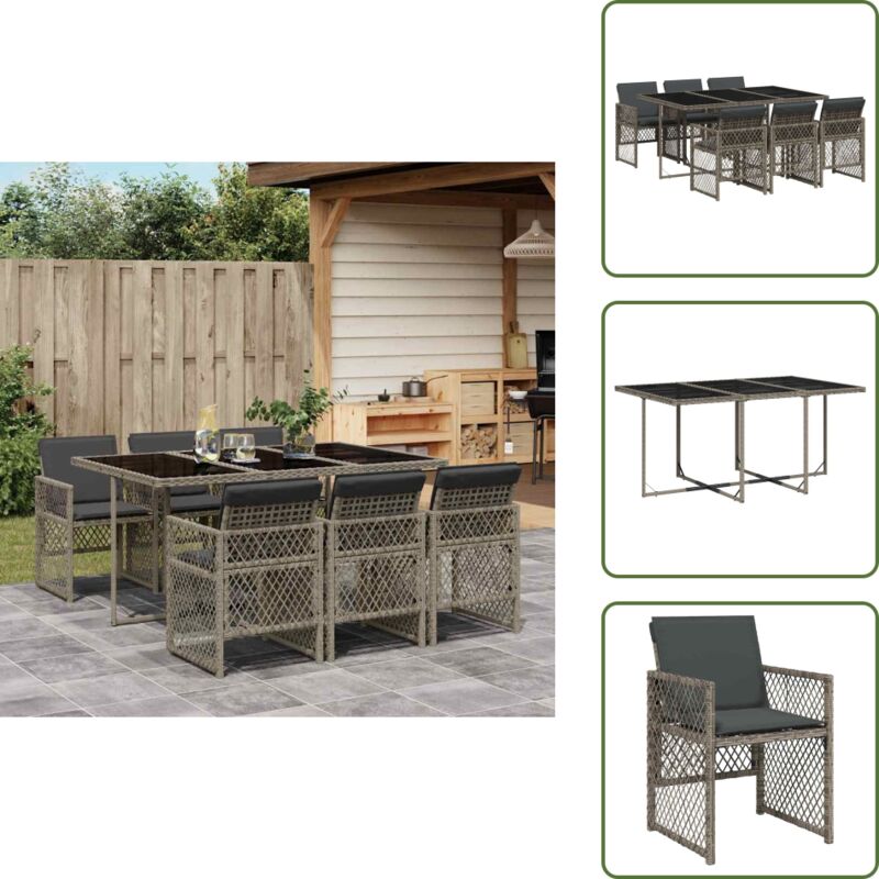 7-tlg. Garten-Essgruppe mit Kissen Grau Poly Rattan - Garten Essgruppe - Garten Essgruppen - Outdoor Essgruppe - Terrasse Essgruppe