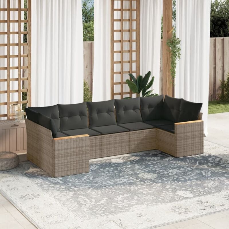 7-tlg. Garten-Sofagarnitur mit Kissen Grau Poly Rattan - Vidaxl