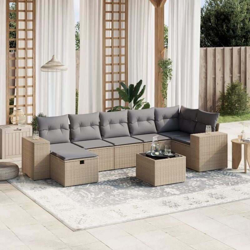 8-tlg. Garten-Sofagarnitur mit Kissen Beige Poly Rattan - Vidaxl