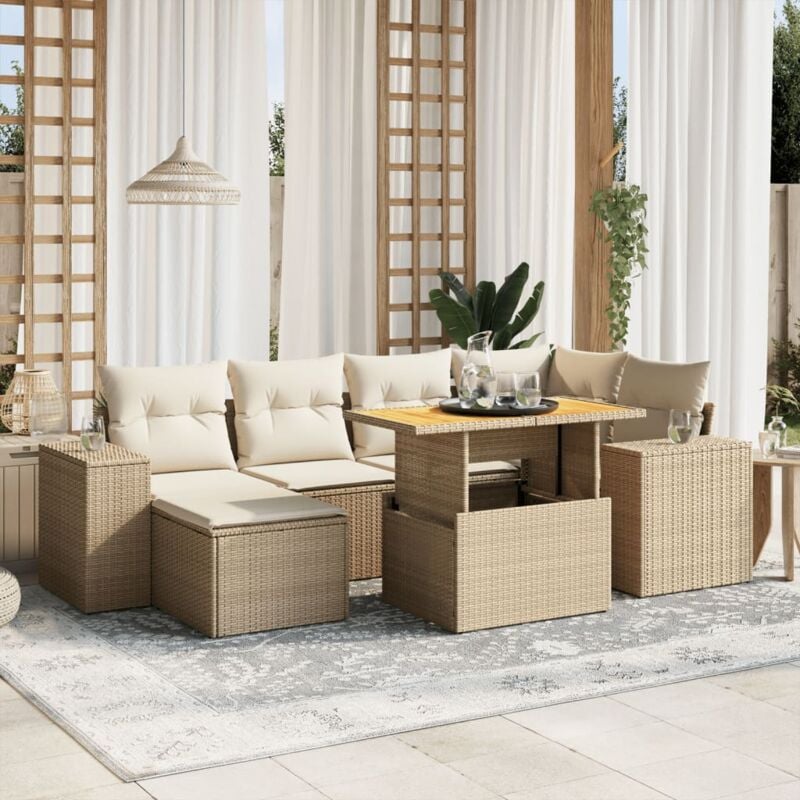 7-tlg. Garten-Sofagarnitur mit Kissen Beige Poly Rattan - Vidaxl