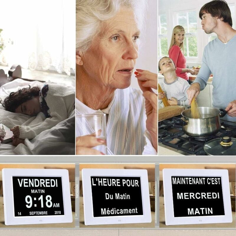 7-Zoll-LCD-Digitalkalenderuhr mit Datum, Kalenderuhr mit Datum, Tag und Uhrzeit Alzheimer-Uhr Uhr für ältere Menschen, es ist für Eltern (weiß)