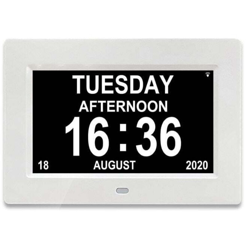 7-Zoll-LCD-Digitaluhr mit Kalender und Datum, Kalenderuhr mit Datum, Tag und Uhrzeit Alzheimer-Uhr Uhr für Senioren, für Eltern (weiß)
