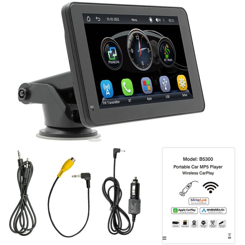 7-Zoll-Touchscreen-Autoradio mit CarPlay, Android Auto, MirrorLink und integrierter Bluetooth-Stand-/Saugnapfhalterung, DC 7–32 V kompatibel, für