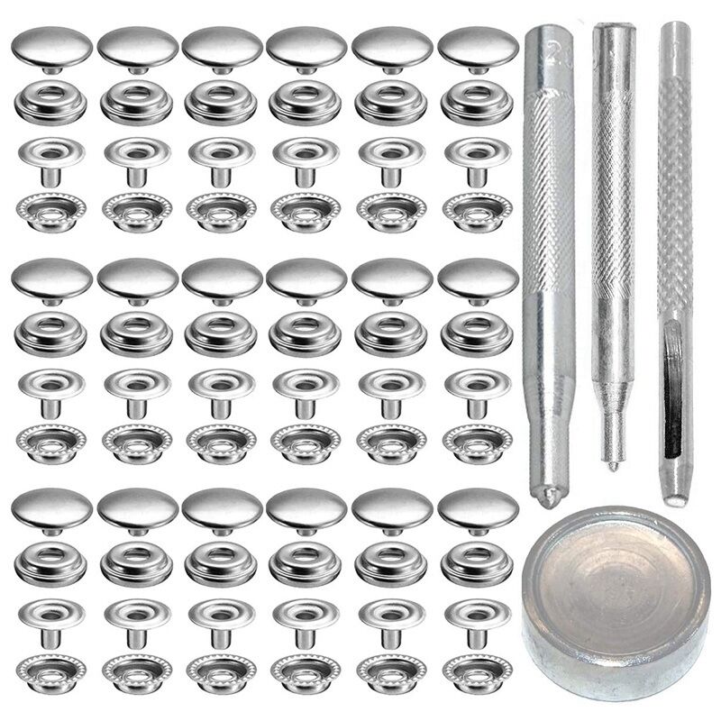 72Pcs 15MM Edelstahl-Verschluss Druckknopfknopfknopf für Marineboot-Leinwand mit Stanzset-Werkzeugsatz Silber