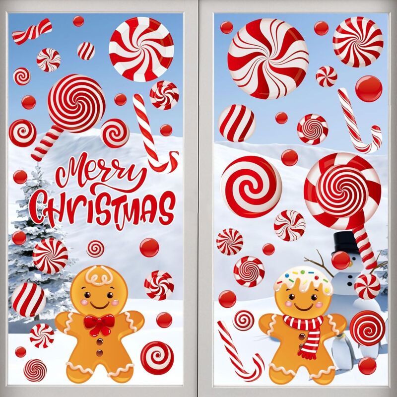73-teiliges Set wiederverwendbarer Weihnachtsfensteraufkleber, Weihnachtsfensteraufkleber mit roten Süßigkeiten, abnehmbare doppelseitige Aufkleber