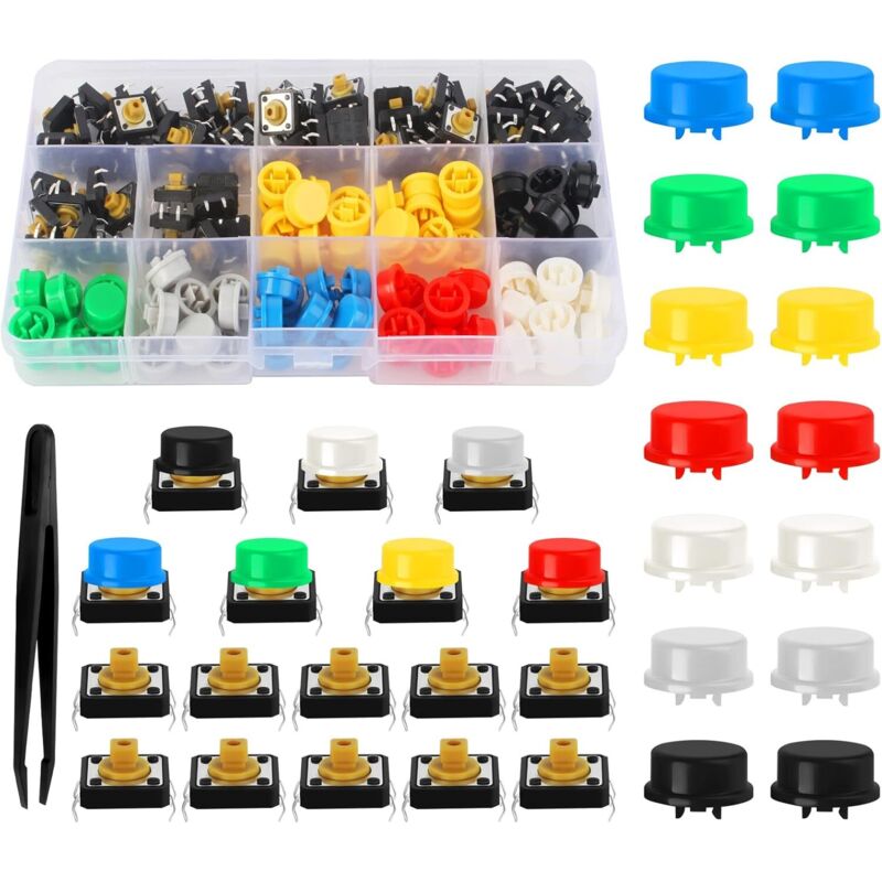 75 taktile Schalter (12x12x7,3 mm) als Sofortberührungsschalter-Set mit 75 Abdeckungen und einer Pinzette für Arduino-Platinen