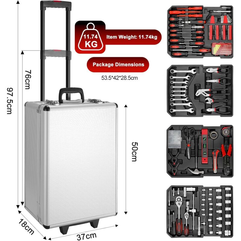 799-teiliger Werkzeugkasten mit Aluminiumkoffer und Rädern, Tragbarer Werkzeugsatz, Heimwerker-Handwerkzeuge, Werkzeugset