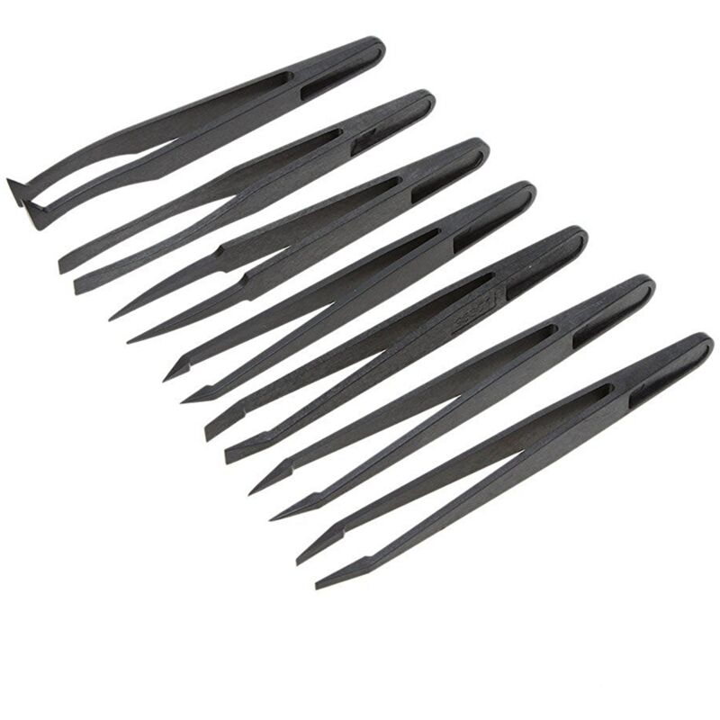 7Pcs Schwarz Kunststoff Antistatische Flach Gekruemmten Spitzen Ende Pinzette Hand Werkzeuge Set