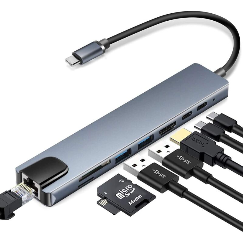 8-Port USB-C Hub für USB-Geräte wie Tastaturen, externe Festplatten, HDMI-Monitore, Ladegeräte und Netzwerkkabel, 15,33 x 3,24 x 1,4 cm