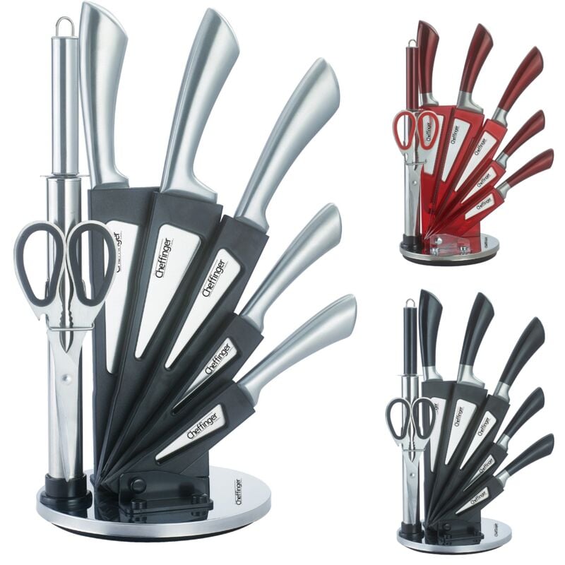8-teiliges Profi Messer-Set Messerblock sehr hochwertiges Selbstschärfen Messer Küchenmesser Set Kochmesser Edelstahl in Silber